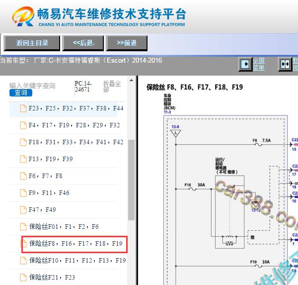 2015年福特福睿斯车身保险丝盒17号保险丝电路图