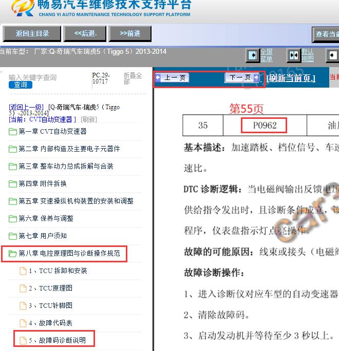 2013-2014年奇瑞瑞虎5 CVT变速箱P0962故障码诊断资料
