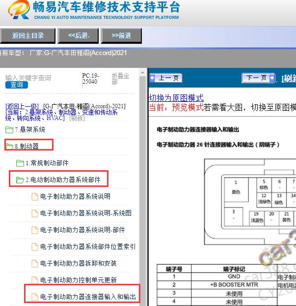2021年本田雅阁刹车助力系统针脚图