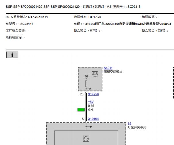 2008年宝马320i 远近光灯和转向灯电路图以及控制单元针脚