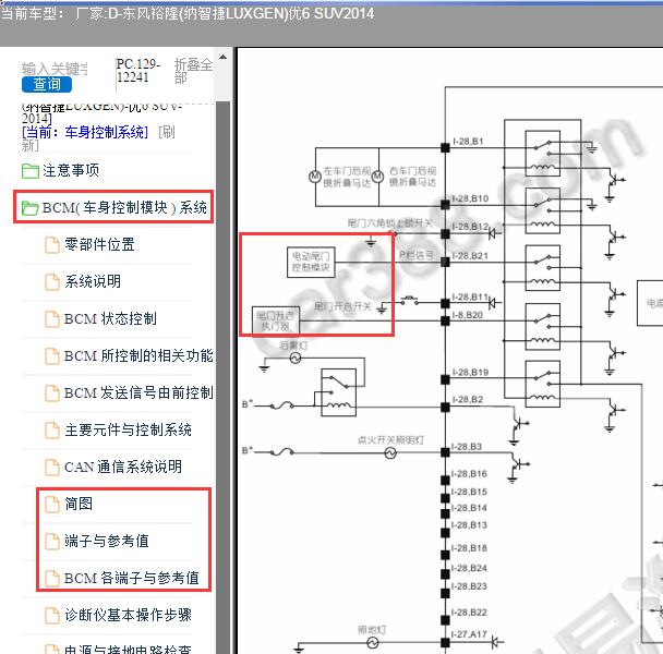 2014年纳智捷优6 SUV电动尾门电路图及BCM针脚定义