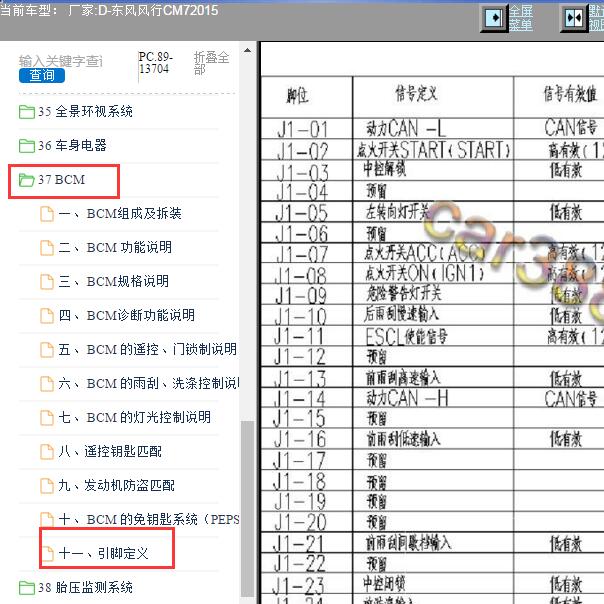 2015年东风风行CM7 BCM针脚资料