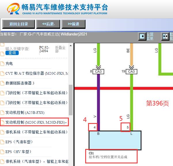 2021年丰田威兰达驻车空挡位置开关电路图