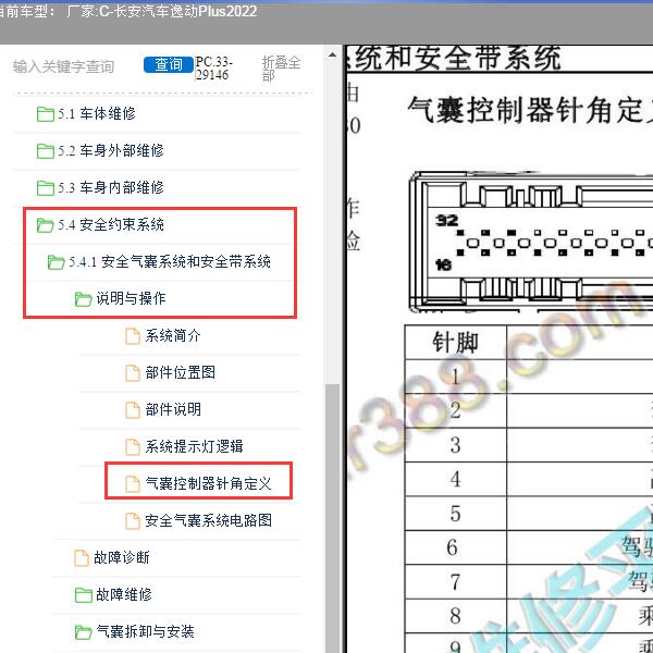 2022年长安汽车-逸动Plus安全气囊针脚定义