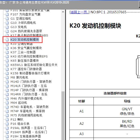 2019-2020年上海通用五菱-宏光V/荣光V 发动机针脚