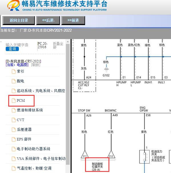 2021年本田CRV刹车开关电路图
