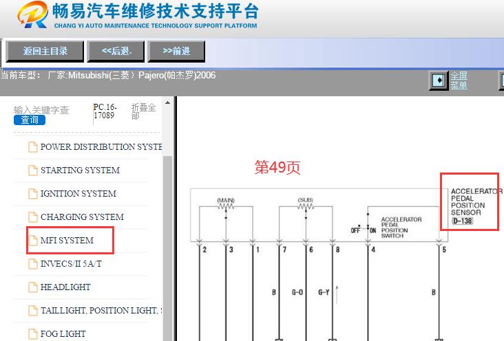 2006年三菱帕杰罗发动机油门踏板传感器电路图