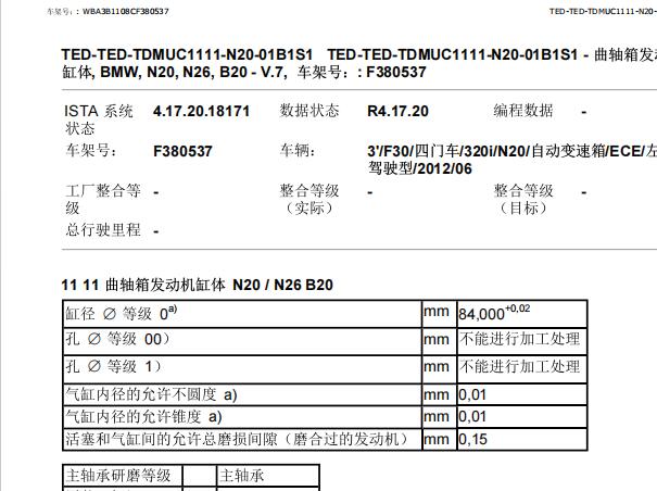 2013年宝马320i 发动机缸体数据