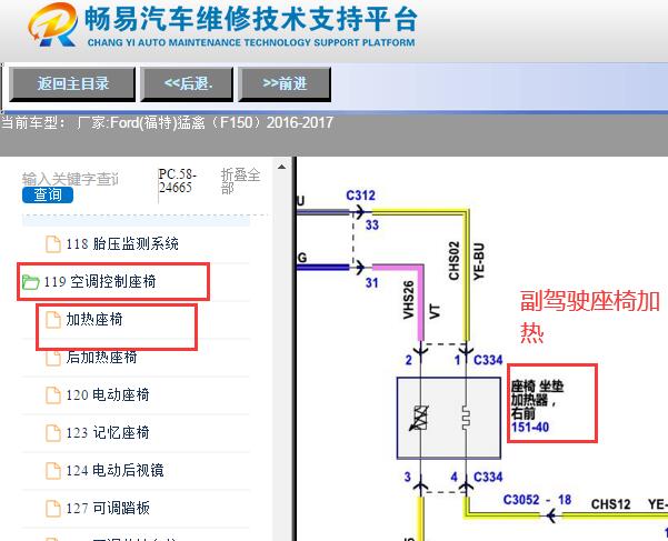 2016-2017年福特猛禽F150副驾驶座椅加热电路图