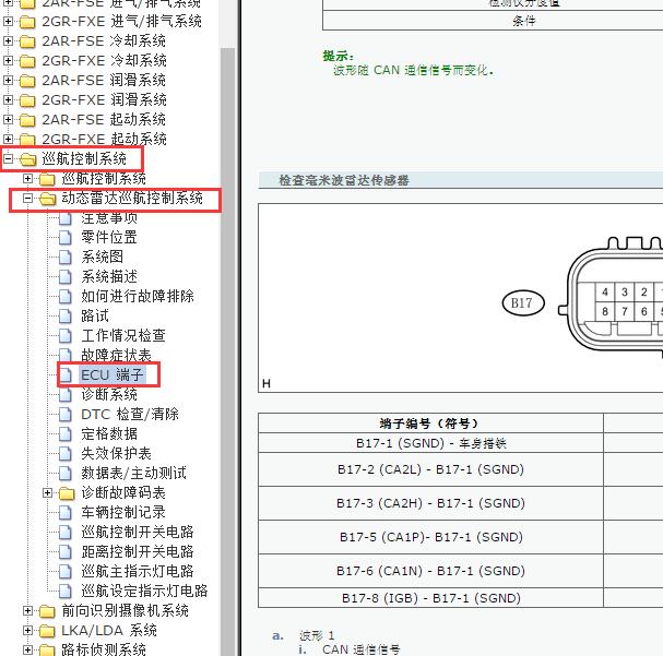 2016年雷克萨斯GS450H 前雷达针脚定义