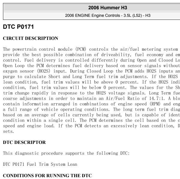 2006年悍马H3 P0171故障码资料