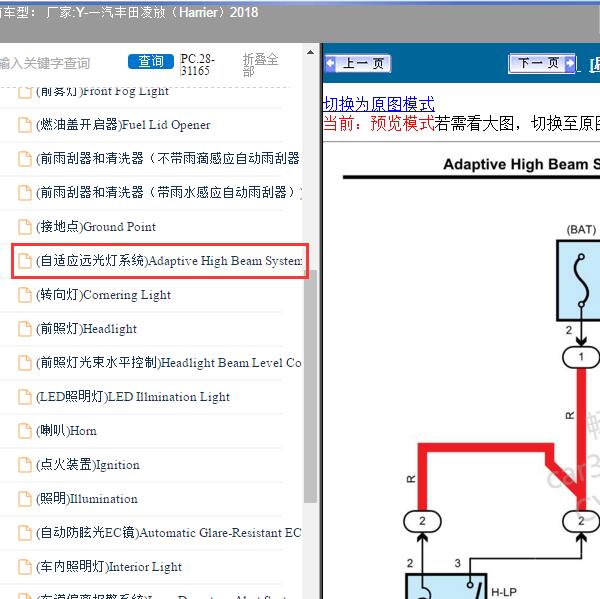 2018年一汽丰田-凌放（Harrier）自适应远光灯系统电路图