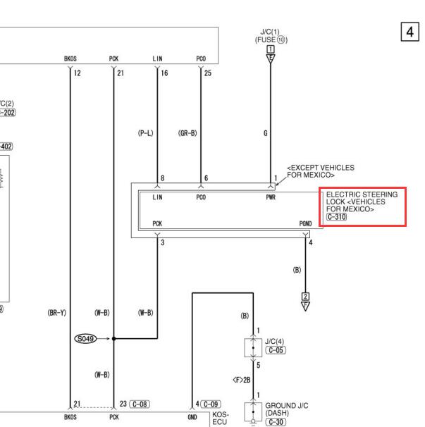2014年三菱欧蓝德转向锁电路图