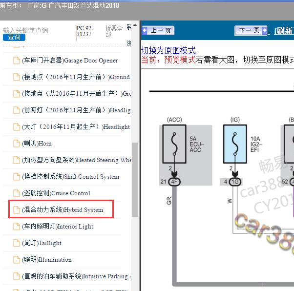 2018年广汽丰田-汉兰达混动 混动系统电路图