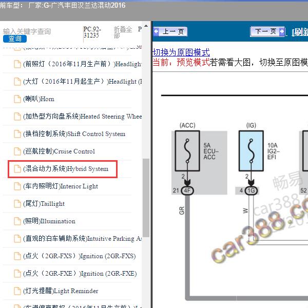 2016年广汽丰田-汉兰达混动 混合动力系统电路