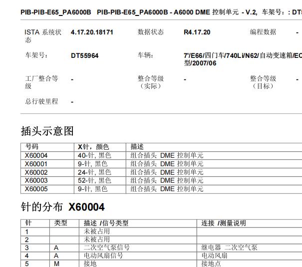 2007年宝马740Li 发动机电脑针脚资料