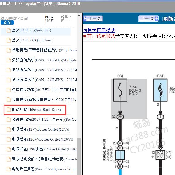 2016年Toyota(丰田)-塞纳（Sienna）尾门电路图