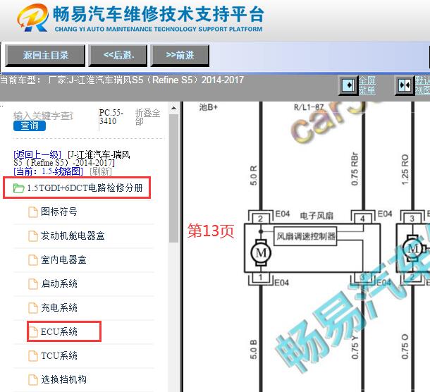 2014-2017年江淮瑞风S5冷却风扇电路图