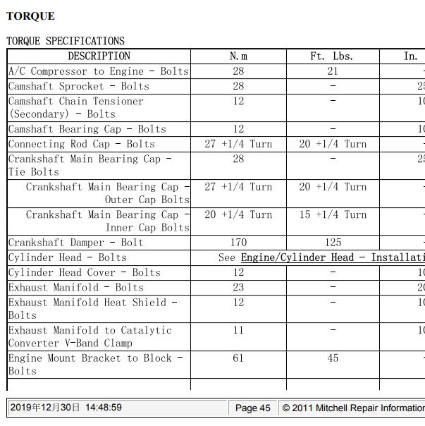 2011年道奇酷威2.7发动机维修扭矩资料