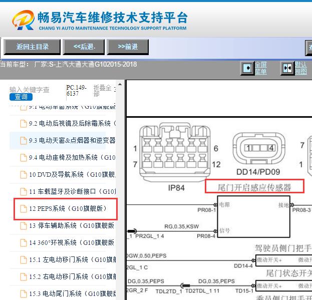 2015-2018年上汽大通G10尾门感应传感器电路图