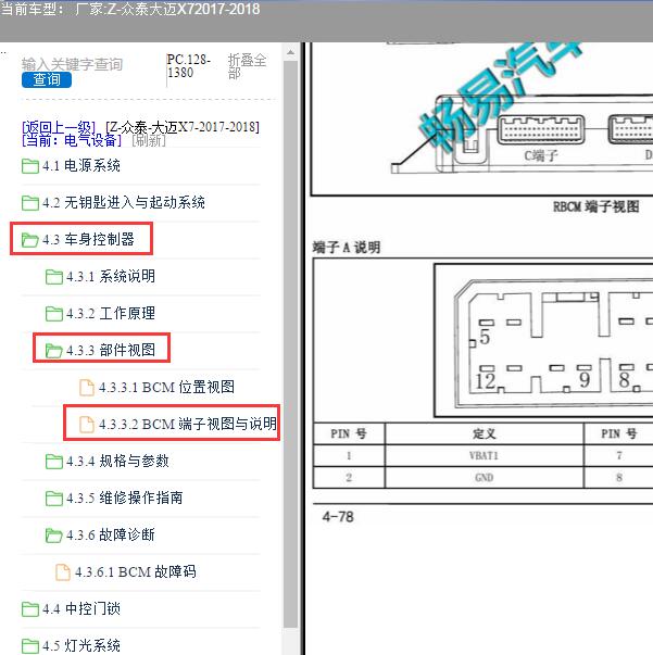 2017年众泰大迈X7 RBCM针脚资料