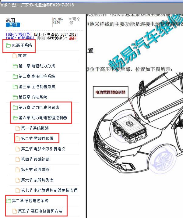 2017-2018年比亚迪秦高压系统维修位置资料