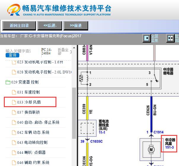 2017年长安福特福克斯1.0发动机涡轮增压中冷器风扇电路图