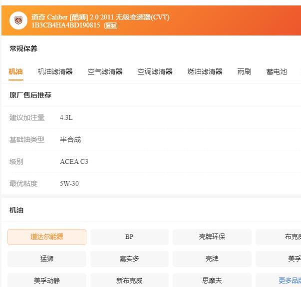 2011年道奇酷博发动机原厂机油规格