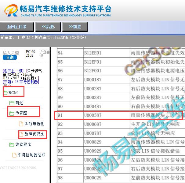 2015年长城哈弗H5 U000587故障码资料