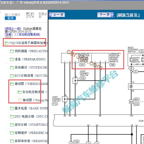 2015年英菲尼迪QX60发动机凸轮轴位置传感器电路图