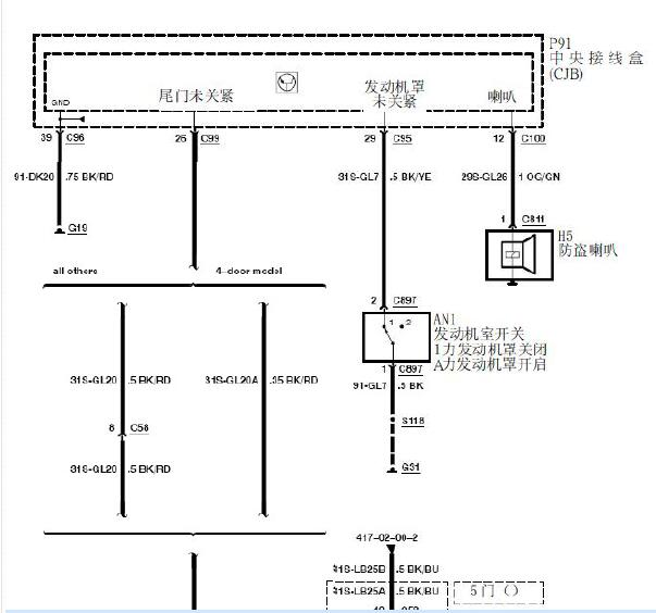 2008年福特福克斯机盖锁电路图