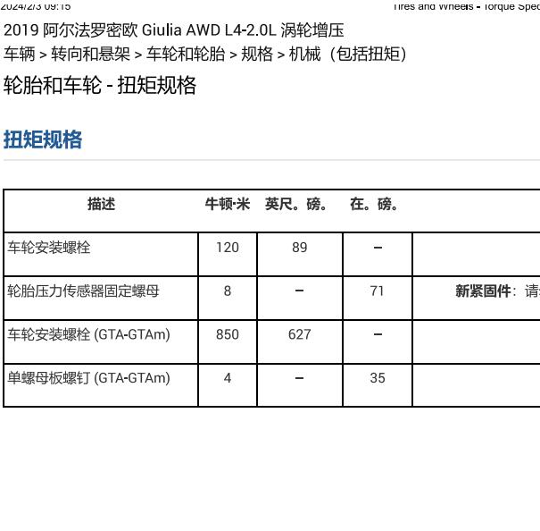 2019年阿尔法giulia 轮胎扭矩资料