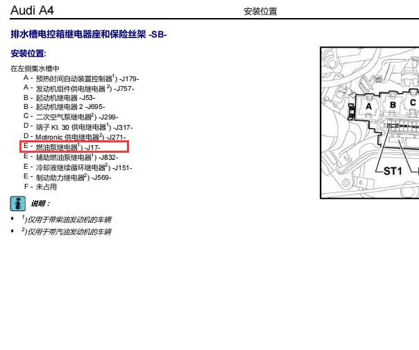 2010年奥迪A4L油泵继电器位置