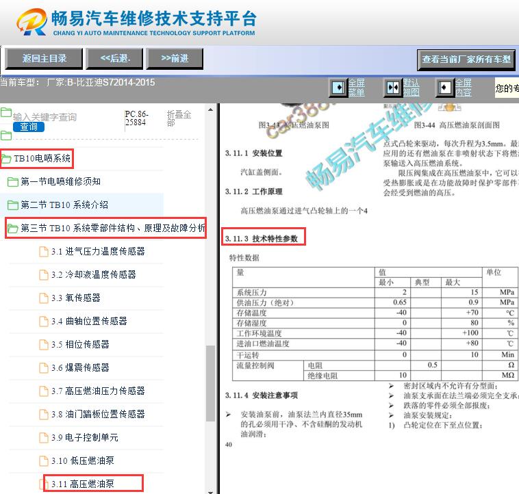 2014-2015年比亚迪S7高压油泵技术数据