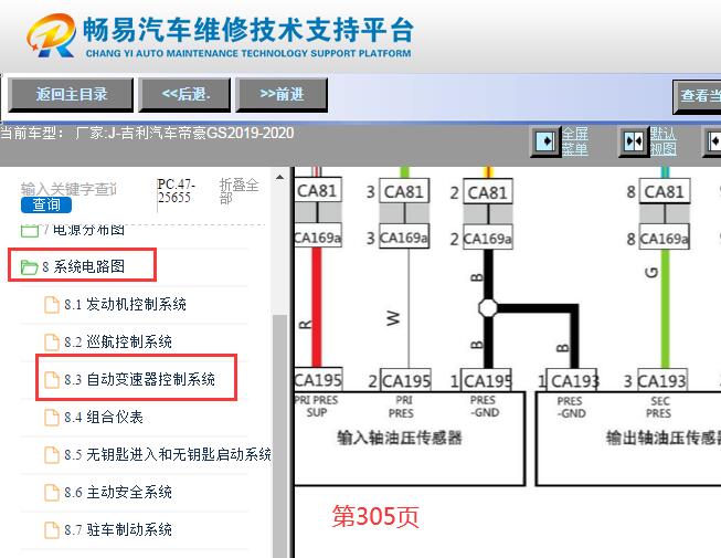 2019-2020年吉利帝豪GS变速箱油压传感器电路图