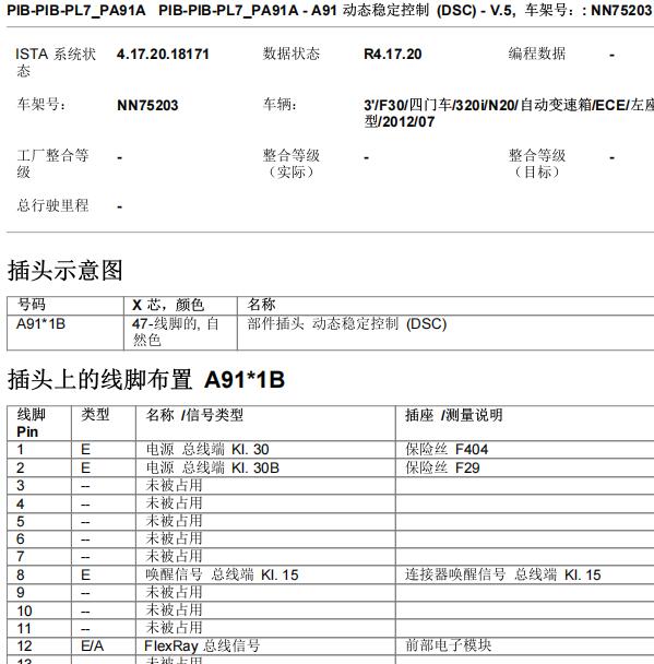 2013年宝马320i ABS 针脚资料