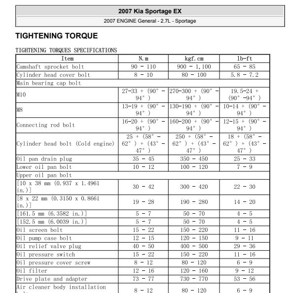 2007年起亚狮跑发动机维修数据