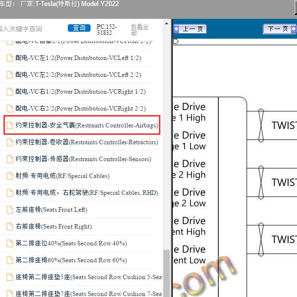 2022年Tesla(特斯拉)- Model Y 气囊电路图