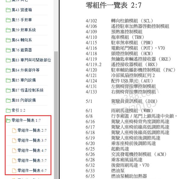 2009年沃尔沃S80元件代码说明