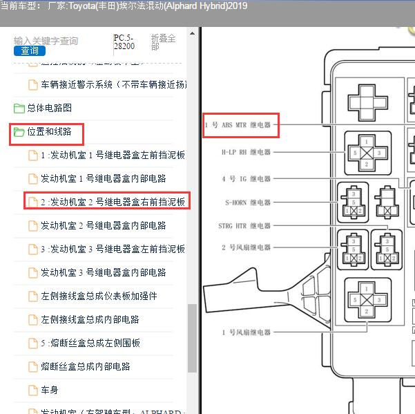2019年丰田埃尔法混动刹车继电器位置