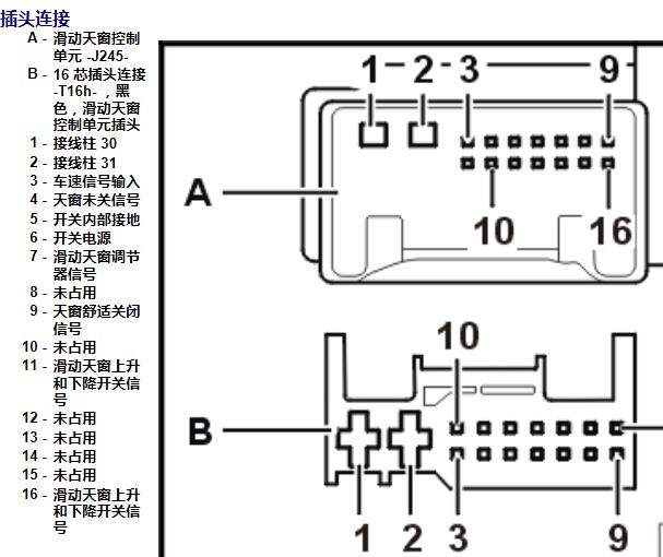 2013年大众朗逸天窗16针电路图和针脚资料
