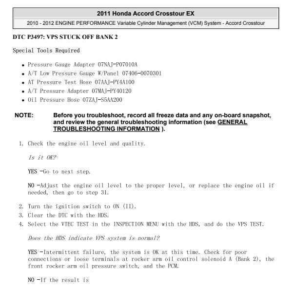 2011年本田歌诗图P3497故障码资料