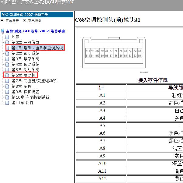 2007年上海别克-GL8陆尊 空调和发动机针脚