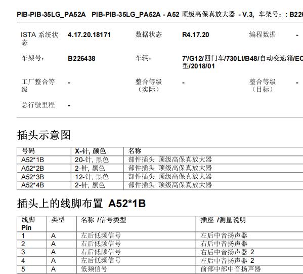 2018年宝马730Li娱乐音响功放针脚资料
