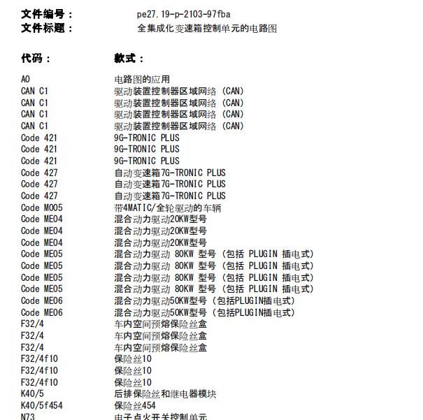 2018年奔驰C180底盘205车型变速箱电路图