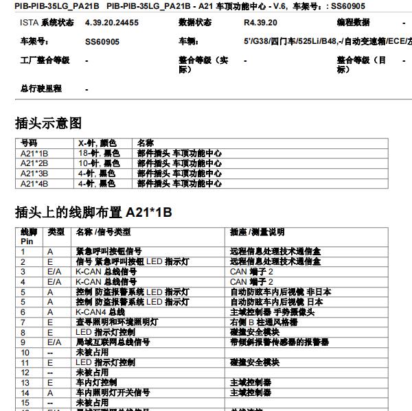 2019年宝马525Li天窗开关针脚定义