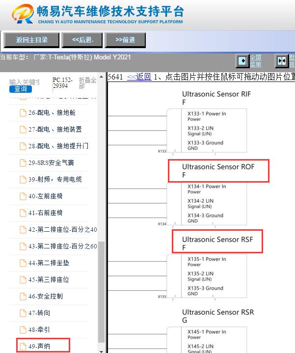 2021年特斯拉Model Y前倒车雷达传感器电路图