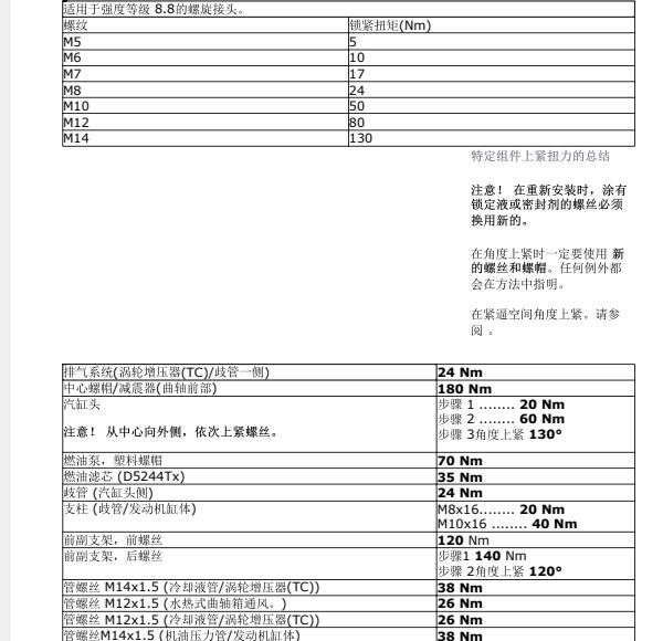 2013年沃尔沃V40发动机大修扭矩