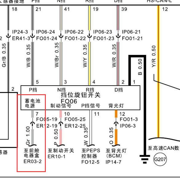 2016-2017年众泰E200 换挡旋钮电源电路图