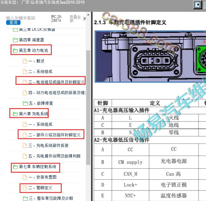 2018年奇瑞瑞虎3xe电池包充电和整车控制针脚资料